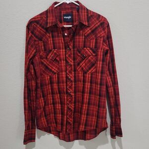 Wrangler Mens Plaid Button Up Shirt Red Black Long Sleeve Western MVG291R
